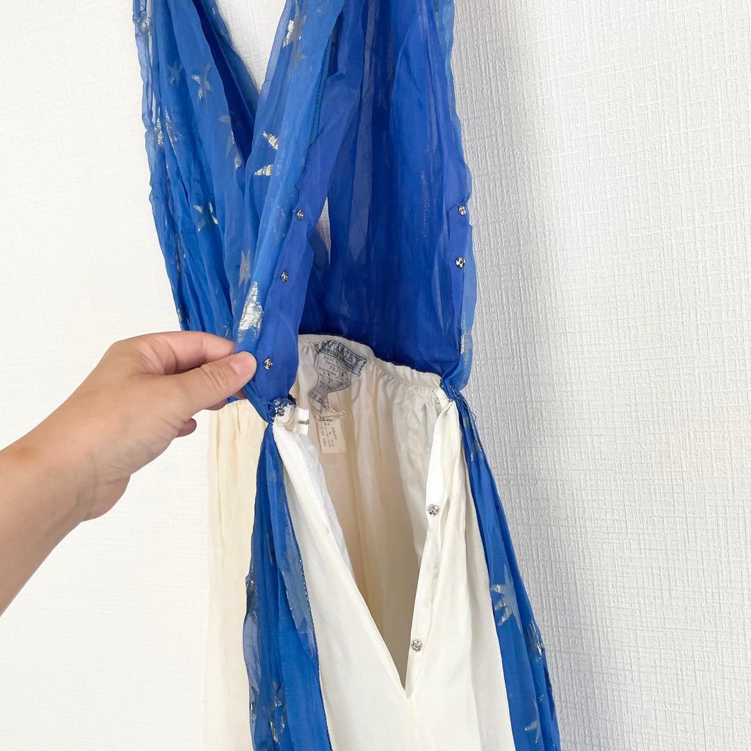 ジバンシー シフォン ロングワンピース【38】M相当 白 青 エスニック