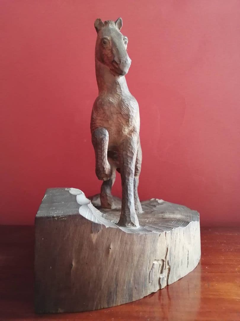 杉本宗一・作 木彫 一木の馬（刻銘有り）