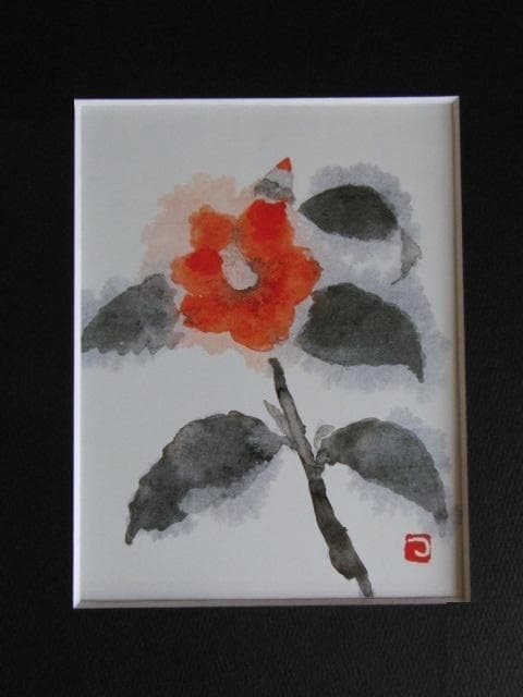 片岡鶴太郎、【侘助一輪（赤）】、希少な額装用画集より、美品、日本人画家 片岡鶴太郎、【侘助一輪（赤）】、希少な額装用画集より、美品、日本人画家