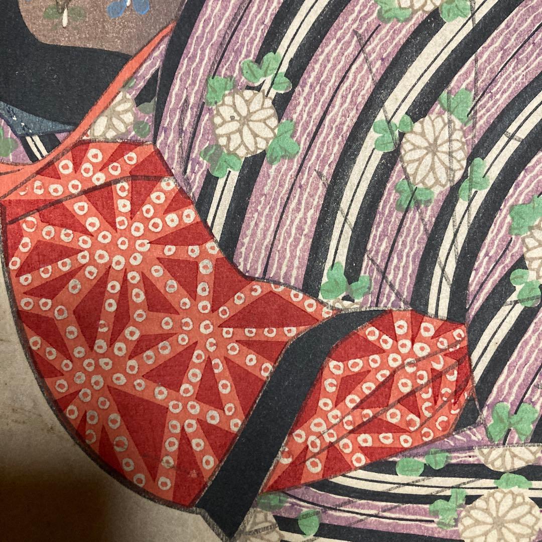 葛飾北斎門人 柳川重信 美人画木板 額44.5×41.5￼絵27×