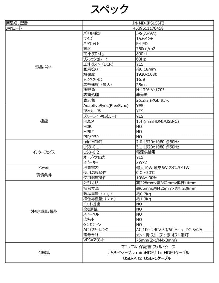 JAPANNEXT モバイルモニター 15.6インチ