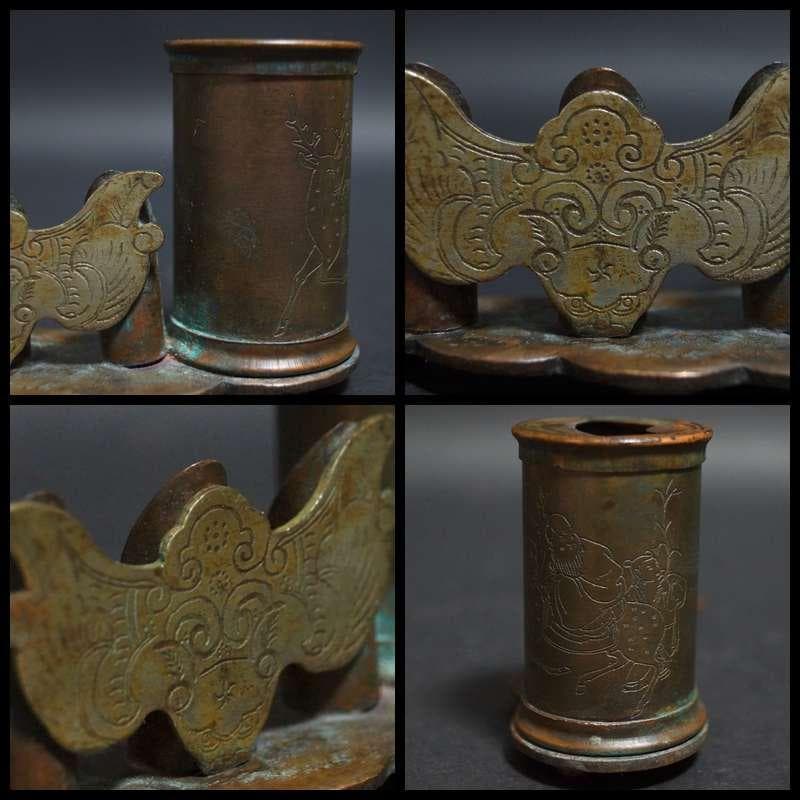 民国期 古月軒在銘 古銅 造形筆置 筆挿し金工細工刻『老子出関図』書斎