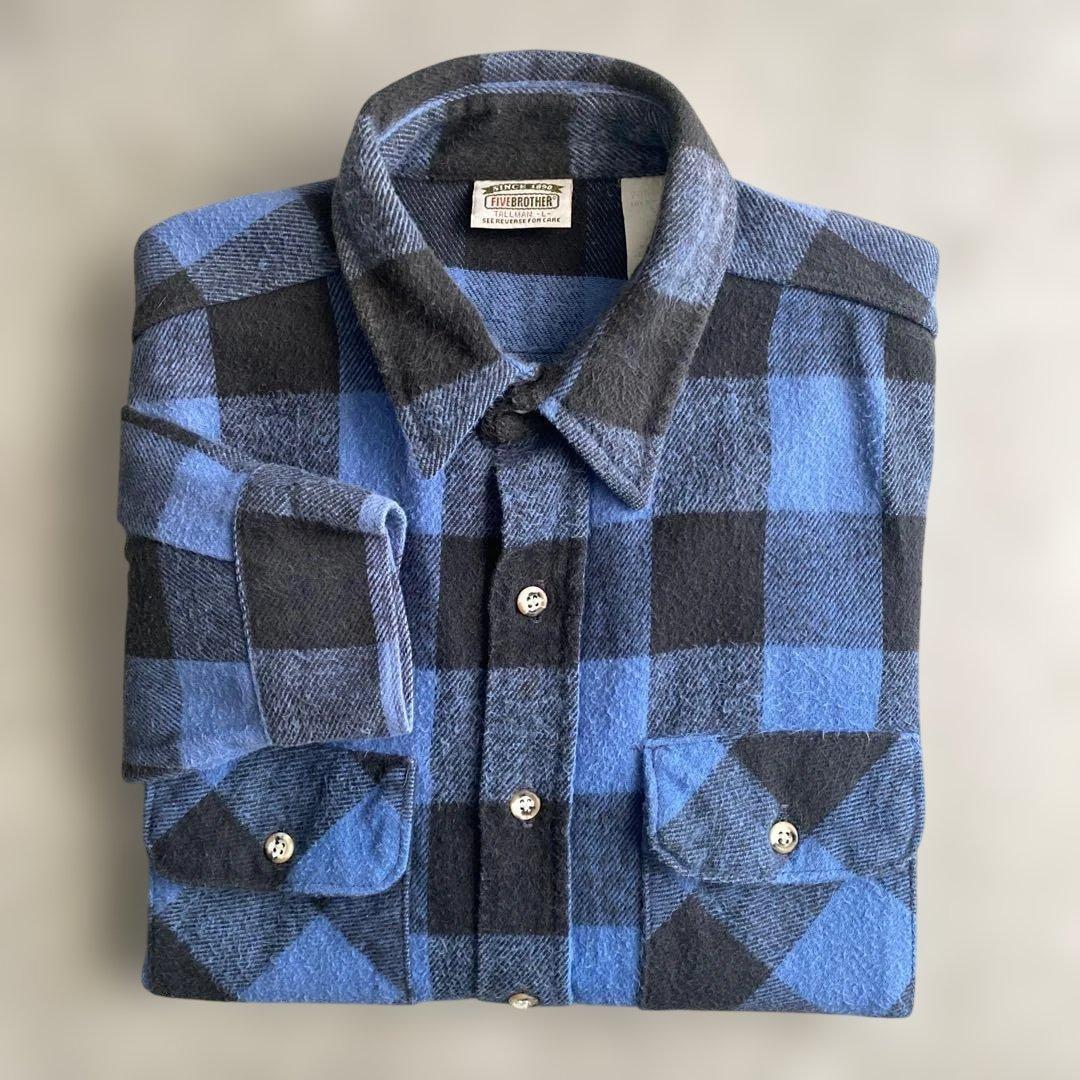 90sファイブブラザーFIVEBROTHERネルシャツUSA製Lブルー×ブラック