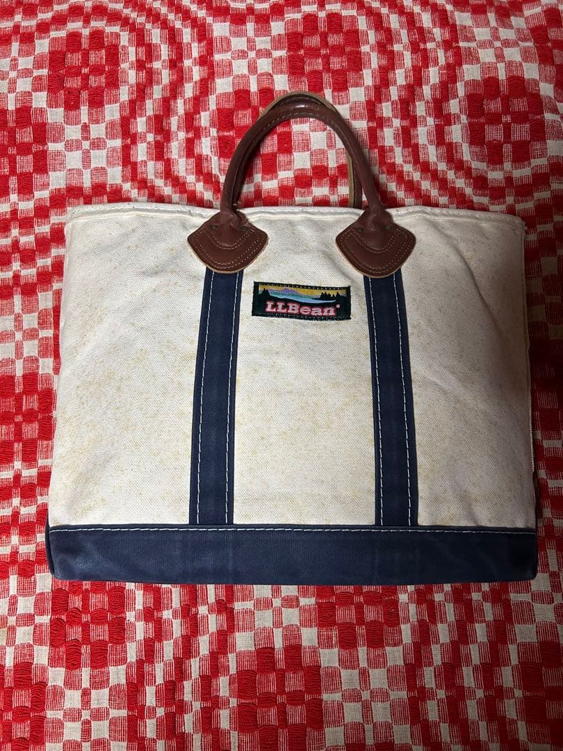 90s LLBean トートバッグ レザー アイボリー/ネイビー 90年代 90s エルエルビーン アイボリー 生成り アウトドア かばん 鞄