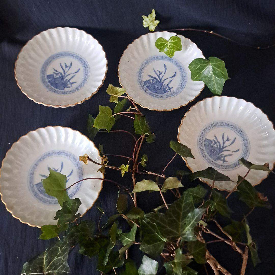 モダンと素朴さ しのぎ造り！」古伊万里皿(直径13cm) 4客セット 骨董アン