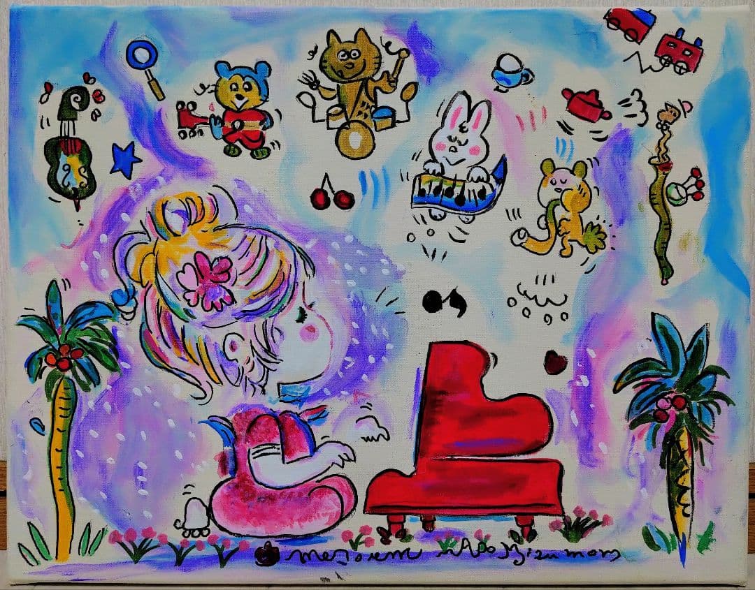 F6号】水森亜土 手描き作品/表裏サイン・裏描き有/油彩/アクリル/額縁