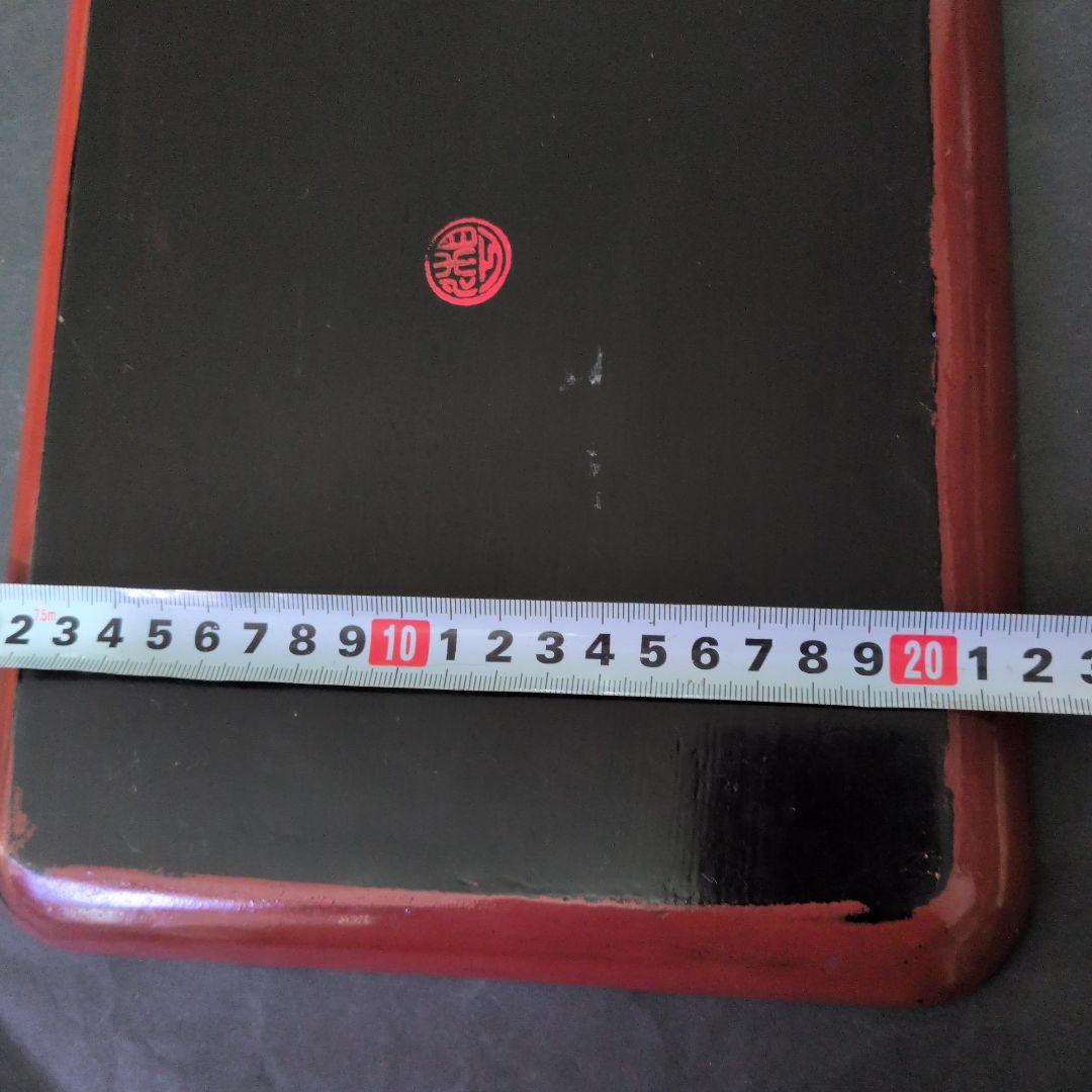 江戸後期 根来塗 富士と松 木地 名入朱塗盆 螺鈿松図 富士図彫り