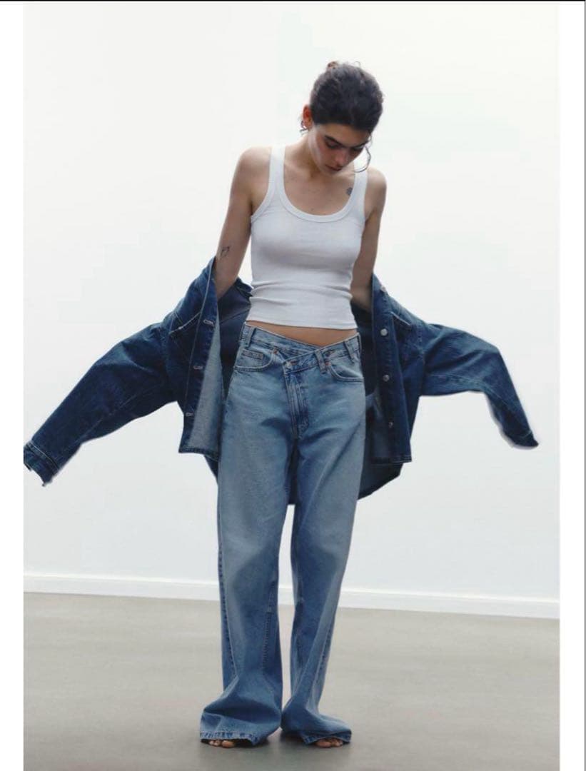 極美品】ZARA TRFハイウエストクロスオーバーワイドレッグジーンズ 38