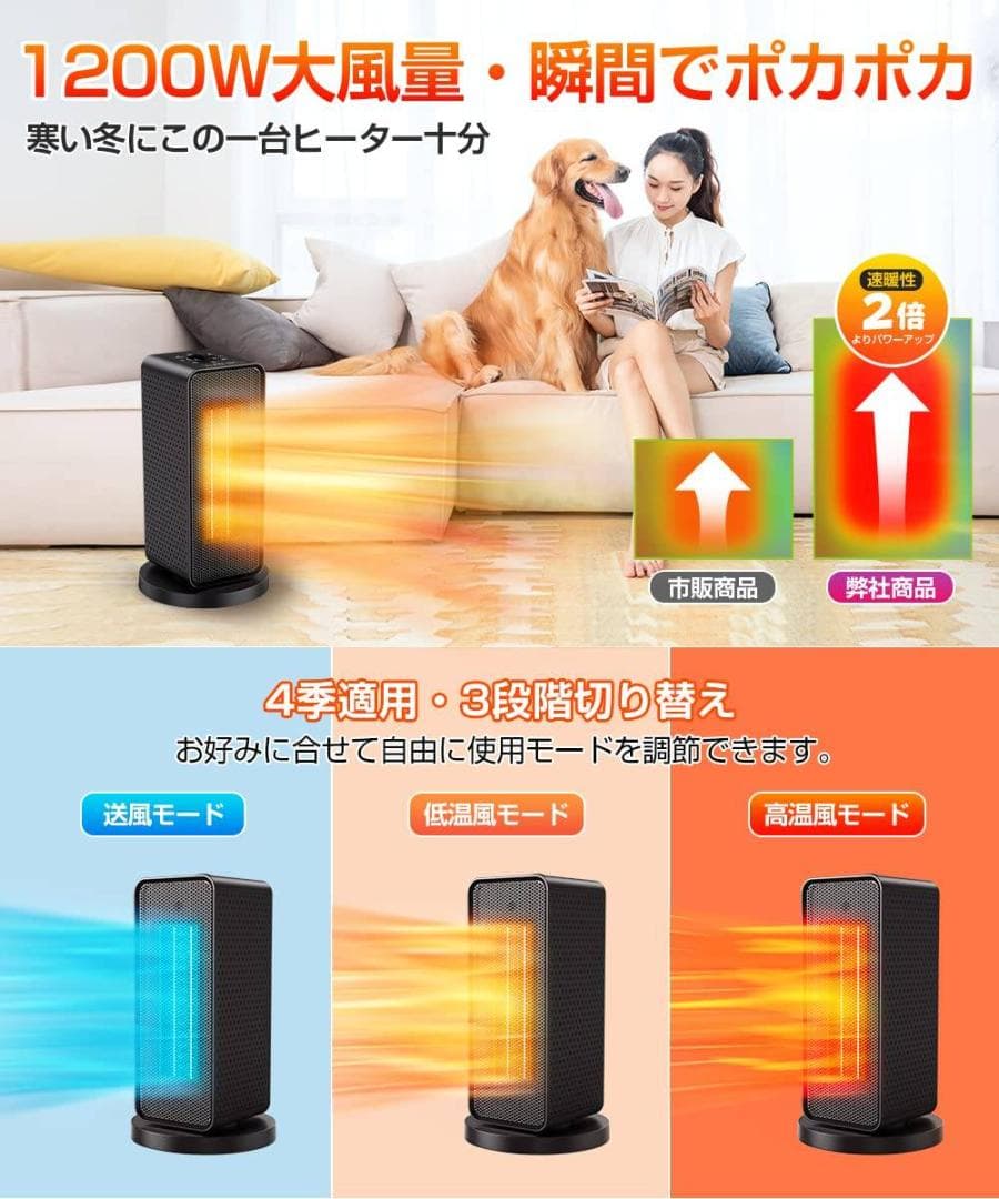 温度を調整可能なセラミックファンヒーター 自動首振り機能搭載