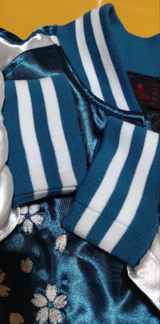 一心如鏡 スカジャン 風神雷神 刺繍 桜 月 和柄 サテン ブルーグリーン