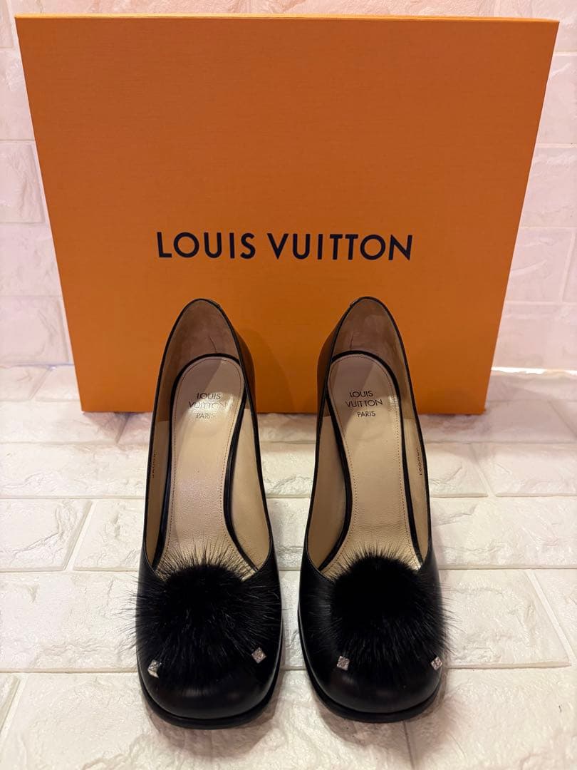 #LOUIS VUITTON ブラック レザーファー装飾ハイヒール#24.5cm