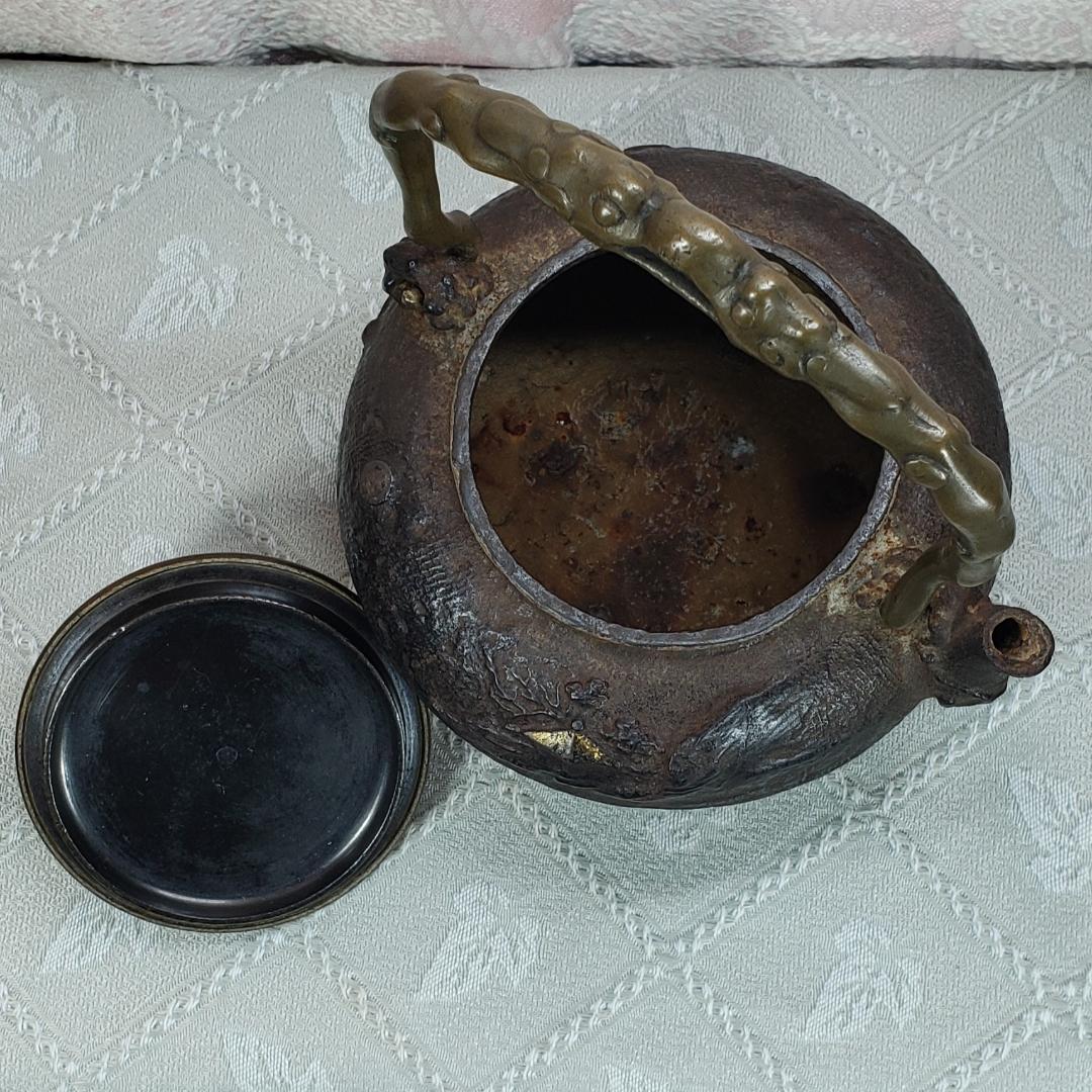 ◇『亀文堂 胴横銘 正平造 月下楼閣山水図 鉄瓶』波多野正平◇検）龍文