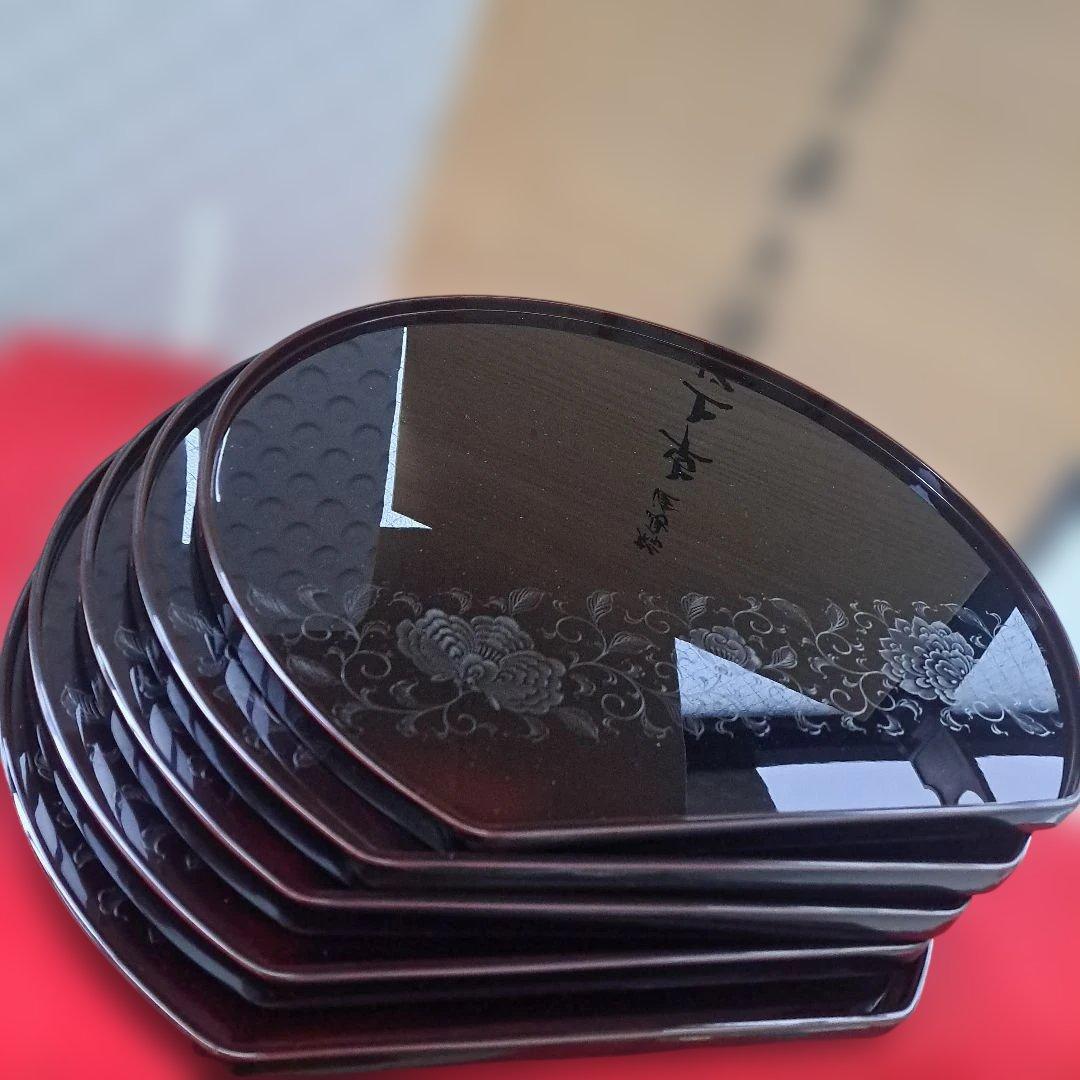 輪島塗 五島屋謹製 尺2 半月膳×5客】布着本堅地 沈黒 西村国峰作 未