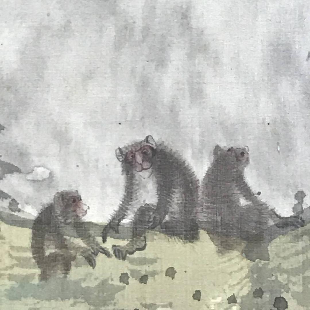 真作】福井江亭/雲嶺飛泉/滝山水猿図/山水図/猿図/掛軸☆宝船☆AD-501