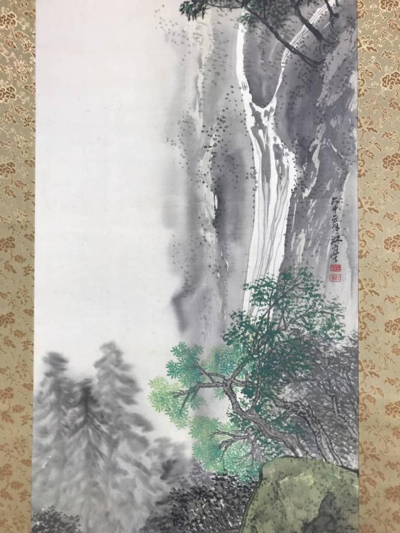真作】福井江亭/雲嶺飛泉/滝山水猿図/山水図/猿図/掛軸☆宝船☆AD-501