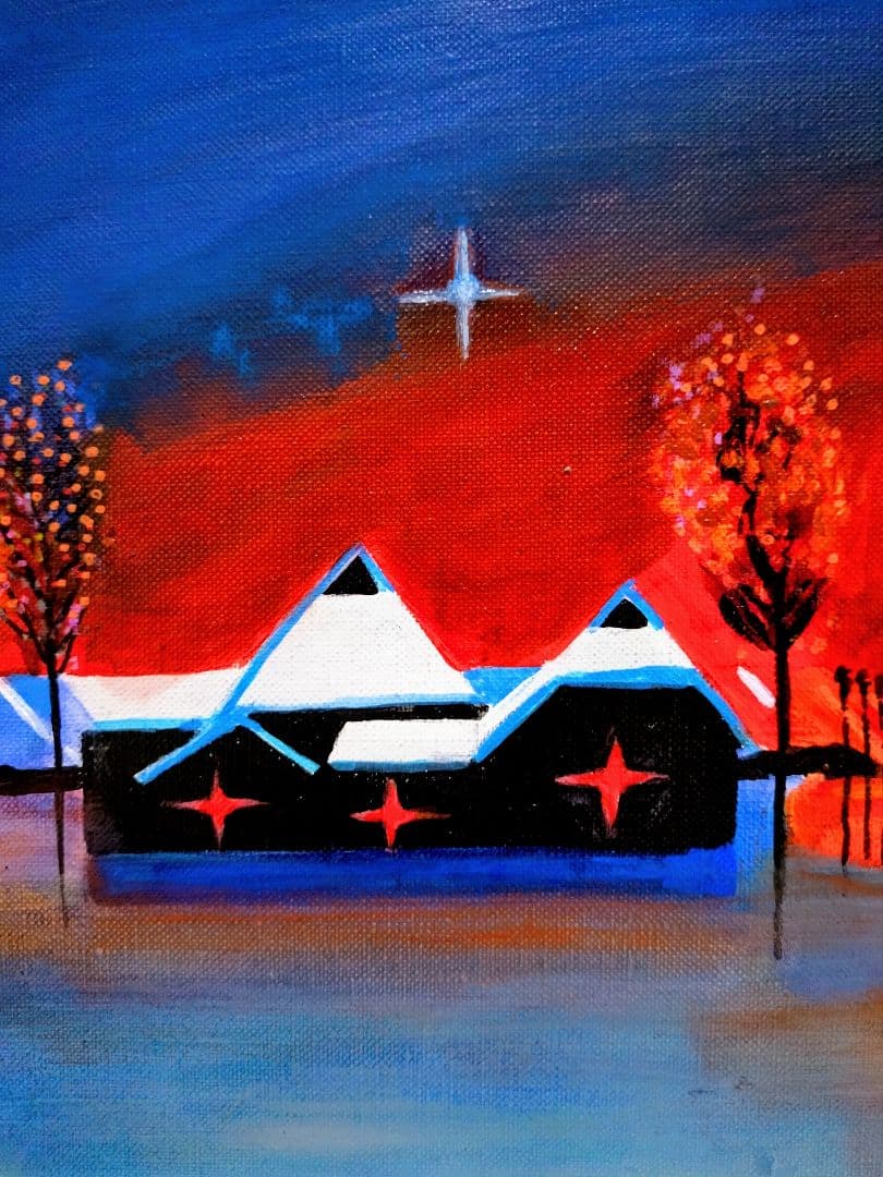 F6号】斎藤真一【紅い陽の村】肉筆保証/表裏サイン有り/油彩/油絵/額縁