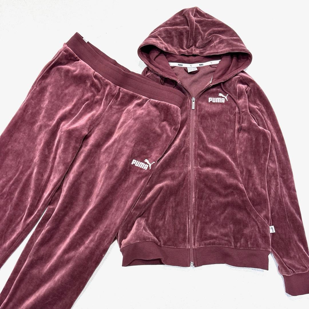 専用【レディースXL】 プーマ　セットアップ　パーカー　パンツ　ベロア　エンジ PUMA（プーマ） ジャージ ウィメンズ ベロア リブ リラックスド スーツ