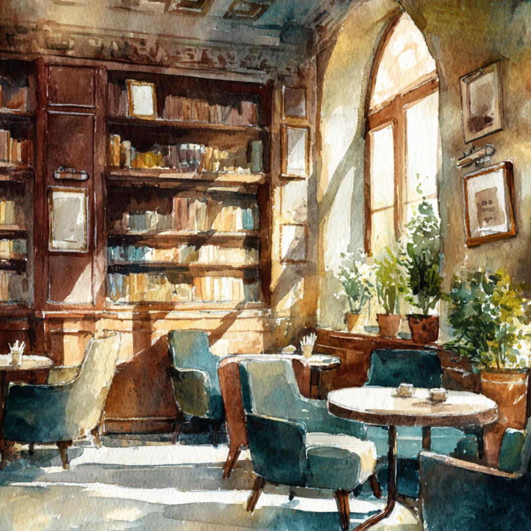 A4日差しの差し込む居心地の良いカフェの午後 レトロカフェ水彩画