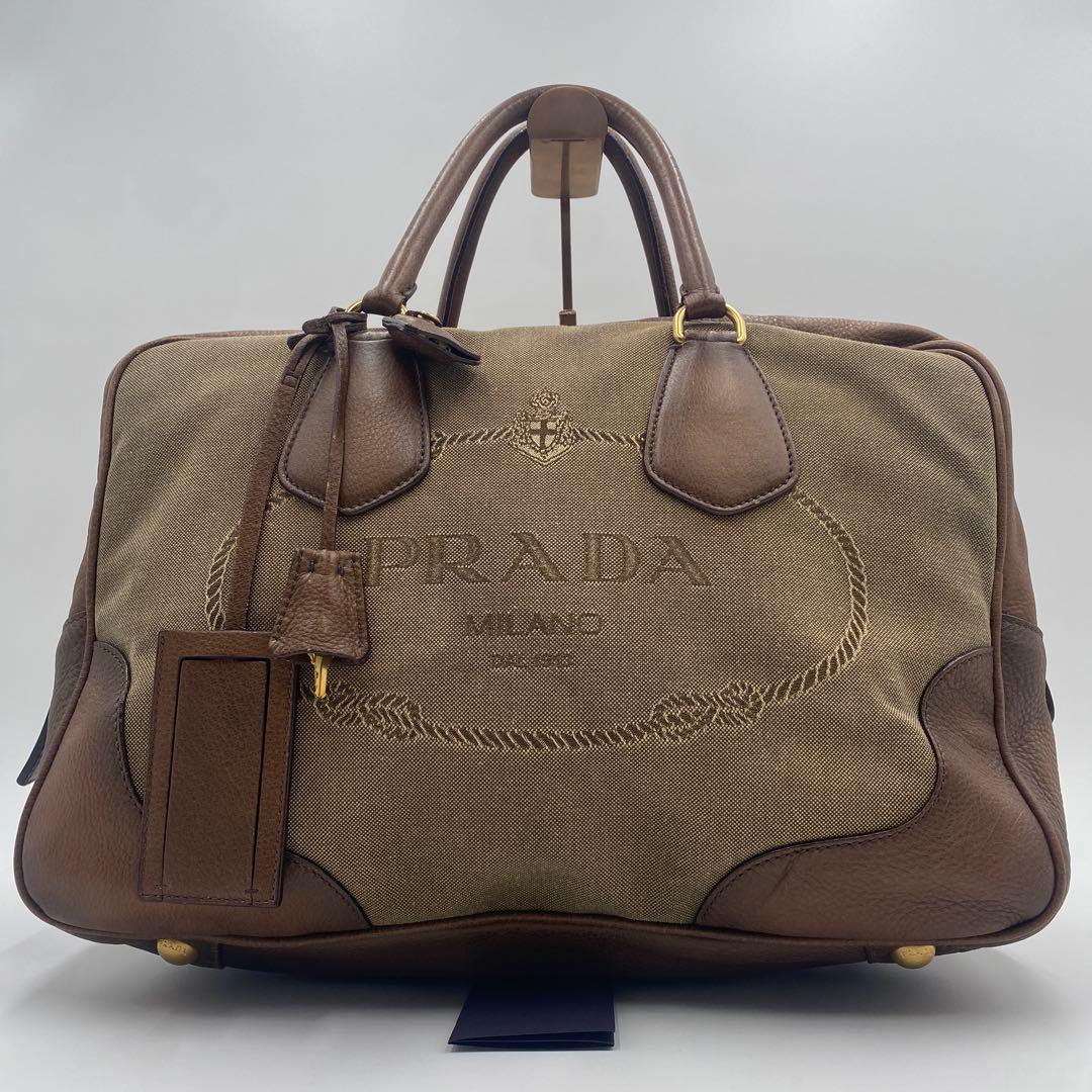 プラダ ロゴジャガード ボストンバッグ ハンドバッグ キャンバス レザー 南京錠 PRADA（プラダ） 美品 ロゴジャガード ブラウン キャンバス/レザー