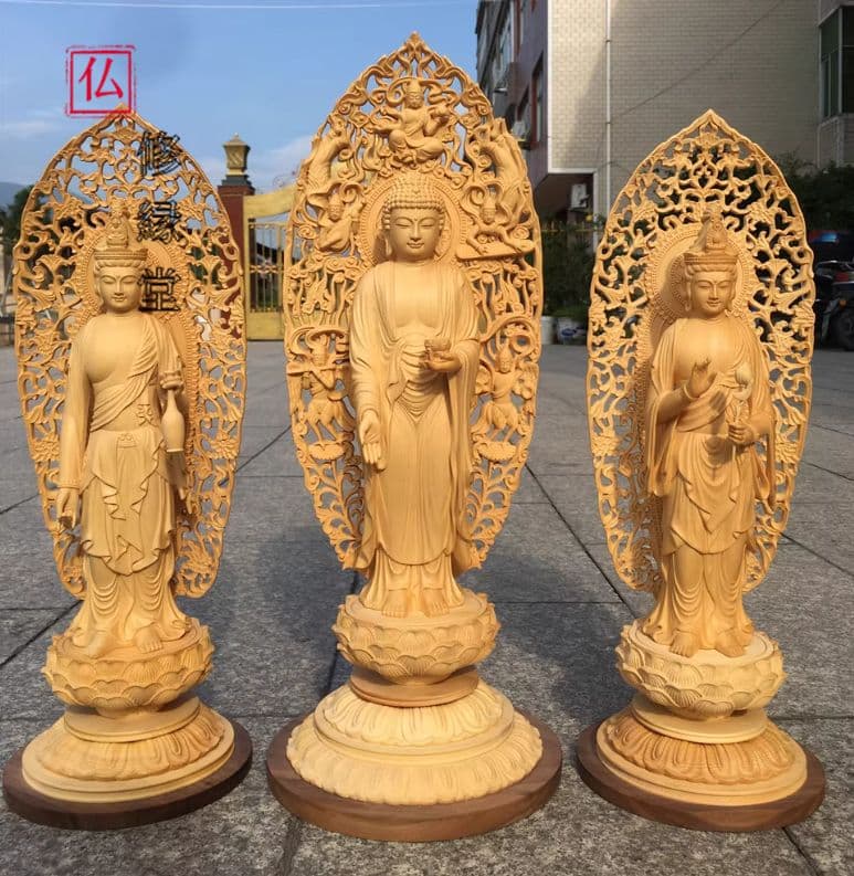 【修縁堂】古美術品 木工細工 西方三聖 仏像立像 置物 木彫 仏像 修縁堂】古美術品 木工細工 西方三聖 仏像立像 置物 木彫 仏像 修縁堂