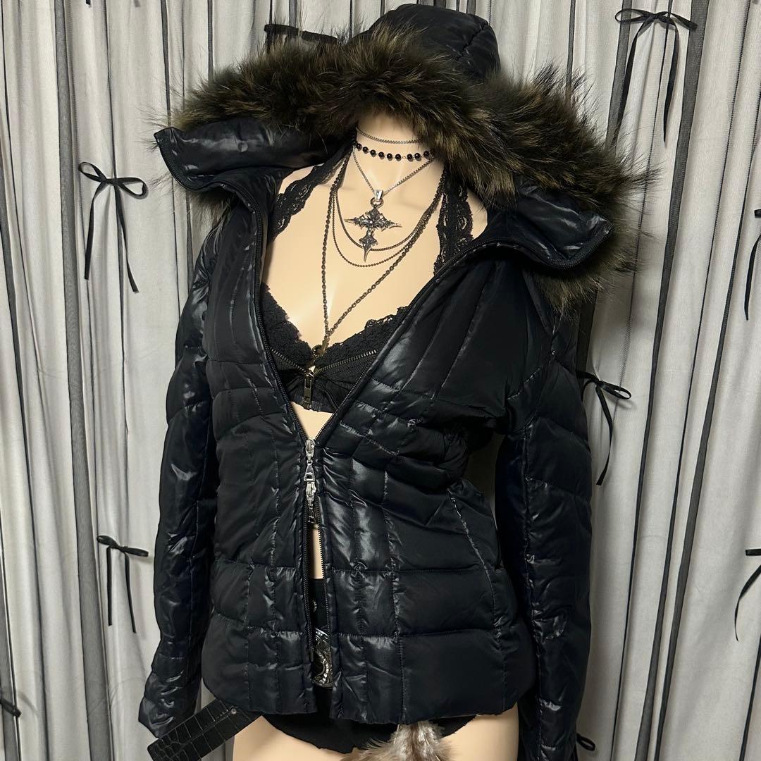 平成ギャル y2k 光沢 リアルファー付きダウン 黒 ダークコア お兄系