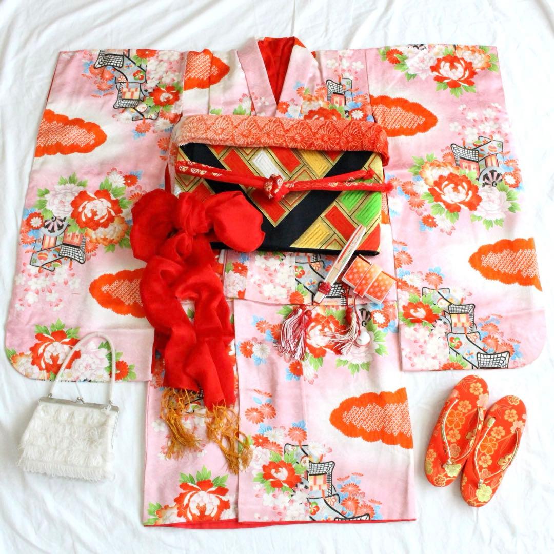 七五三 7歳 女の子 子供 正絹 ビーズバッグ 着物 帯 セット 七五三 着物 四つ身 セット 女の子 7歳 7才 小紋柄 結び帯 筥迫 草履
