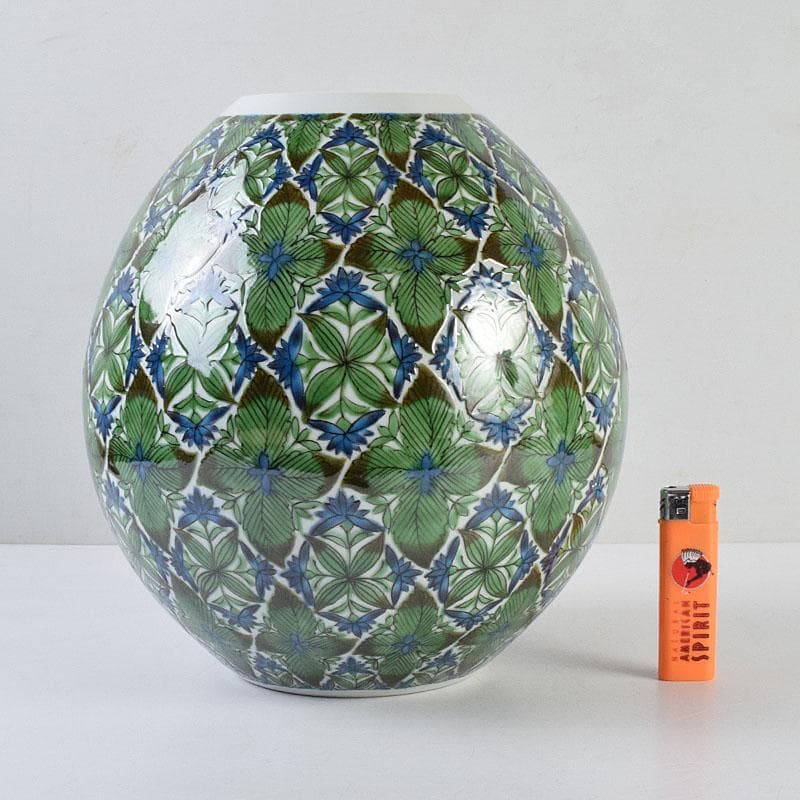 九谷焼 宮川哲爾造 色絵草花更紗文 壷 共布共箱 M R9261H