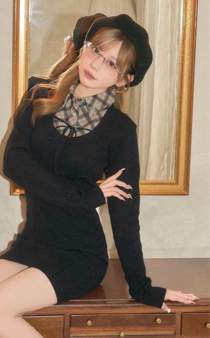 ミシェルマカロン シャツレイヤード風ニットワンピース michelleMacaron シャツレイヤード風ニットワンピース フリーサイズ