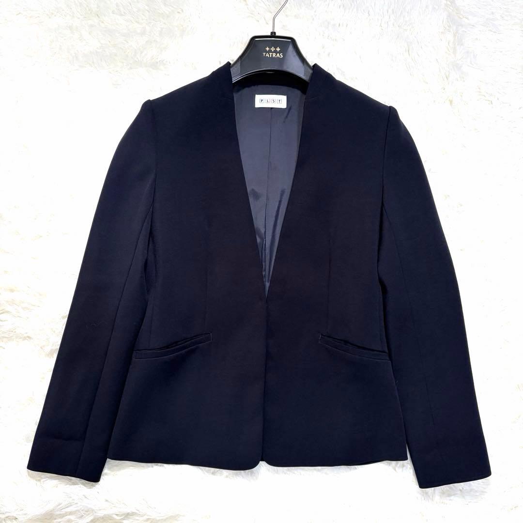 PLST セットアップ ストレッチ ノーラペル テーパード ネイビー S