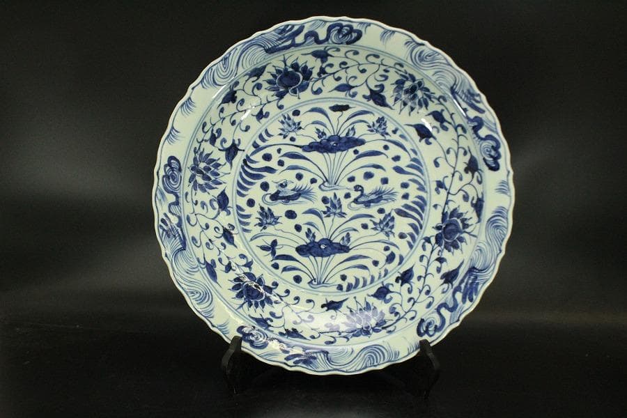 中国美術 纏枝蓮花 水鳥紋 染付大皿 時代物(A577) - メルカリ