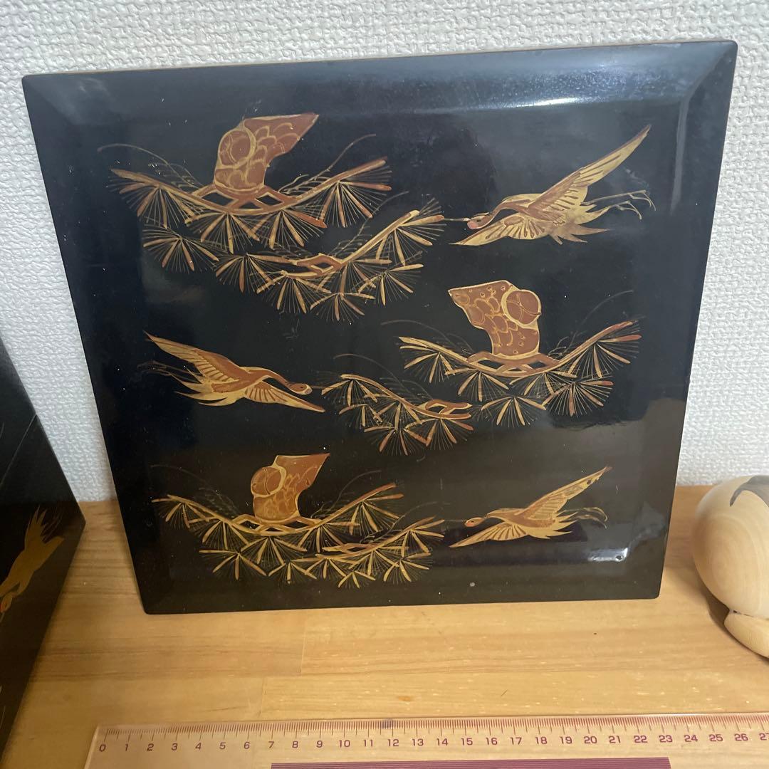 鶴 松 漆 金箔 お重箱 4段 2段 骨董品 昭和 漆塗り 重箱 お弁当箱