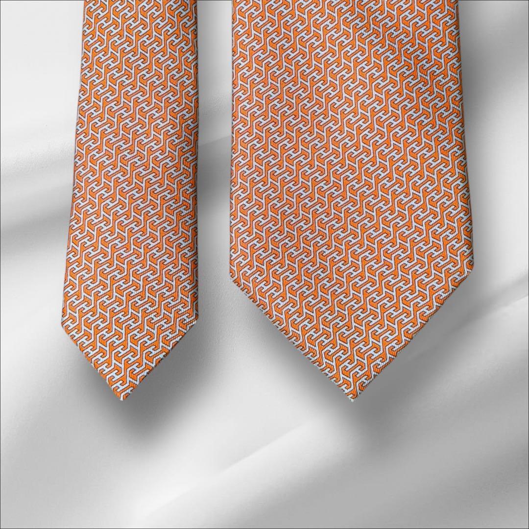超美品】エルメス 総柄 H柄 ファソネ オレンジ ホワイト 現行タグ ネクタイ