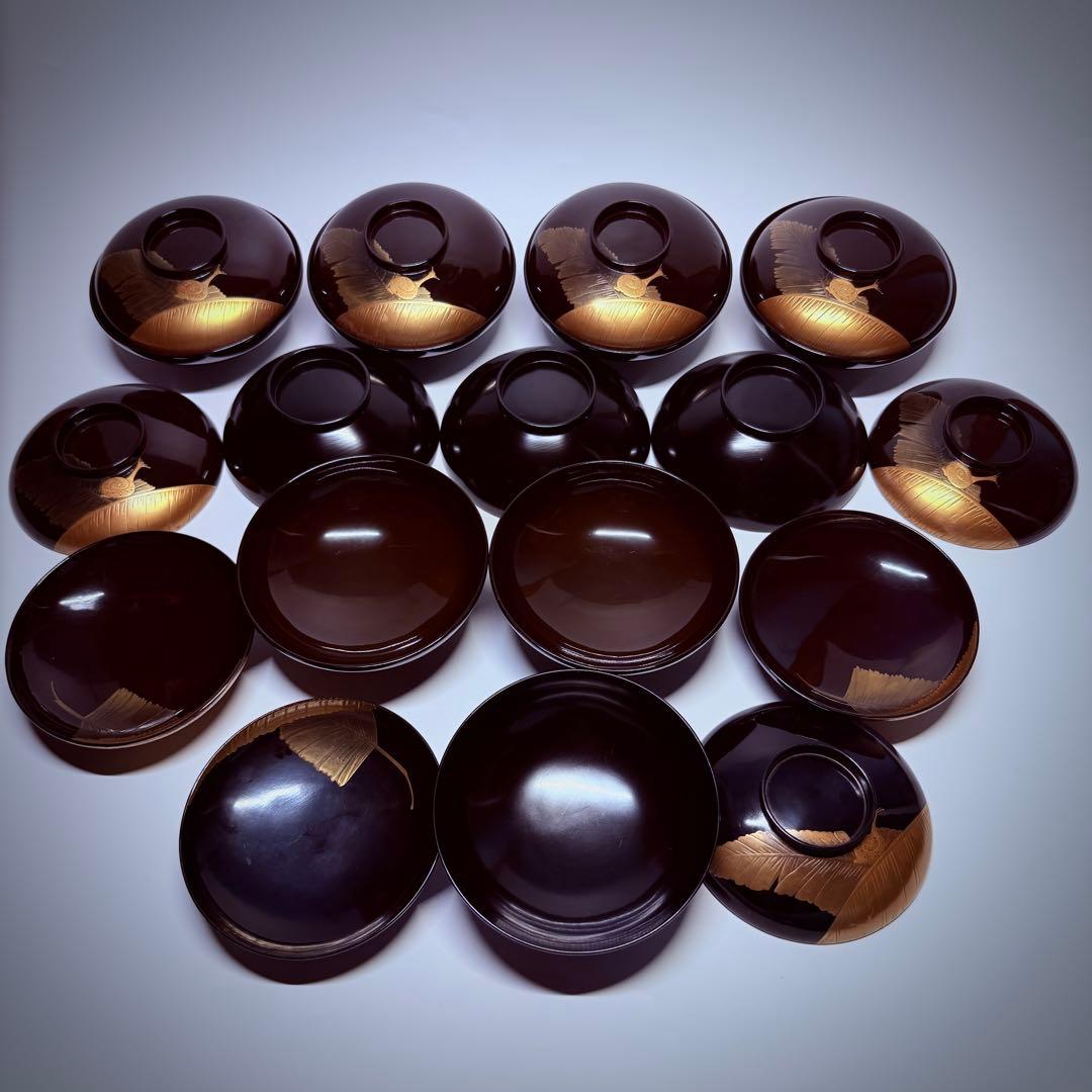 漆器輪島塗 蒔絵金彩細工 沈金木製 蓋付椀 お煮物椀 吸物椀 10 客