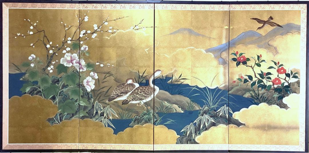 四つ折り屏風　日本画　金箔彩色　『鴨に梅・芙蓉』 四つ折り屏風 日本画 金箔彩色 『鴨に梅・芙蓉』