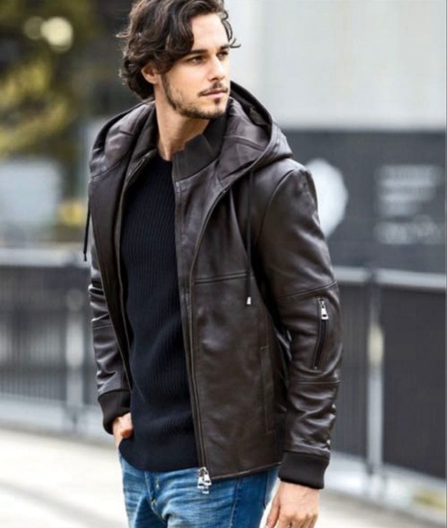 AKMコンテンポラリー レザー パーカー ジャケット ダークブラ