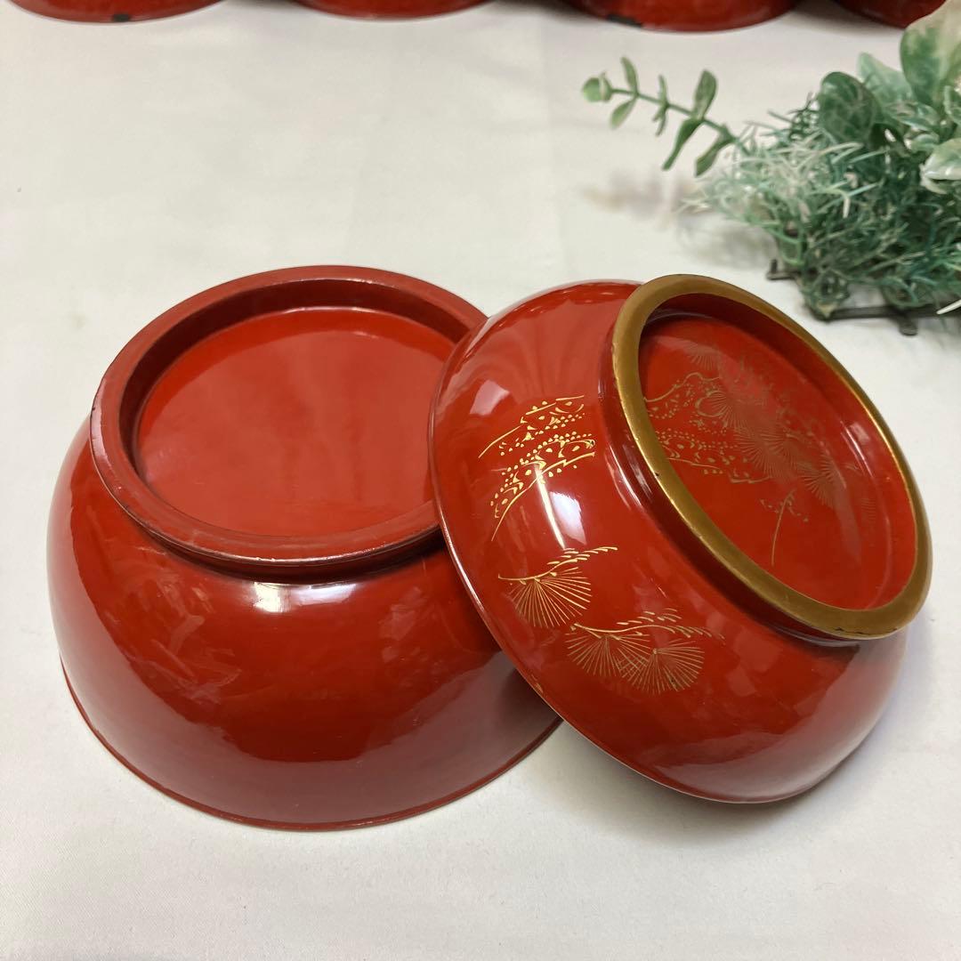 大正時代 木製漆器 蓋付汁椀 10客 菓子椀 松竹梅 漆沈金蒔絵 木箱付