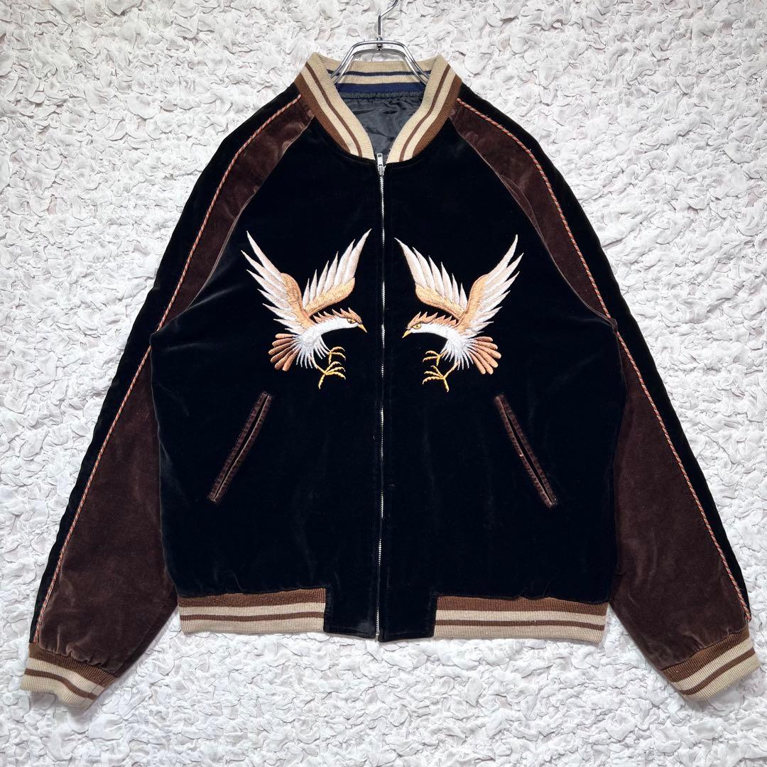 入手困難』 ヤマコ スカジャン ベロア 鷹 和柄 日本地図 刺繍 黒×茶 3L