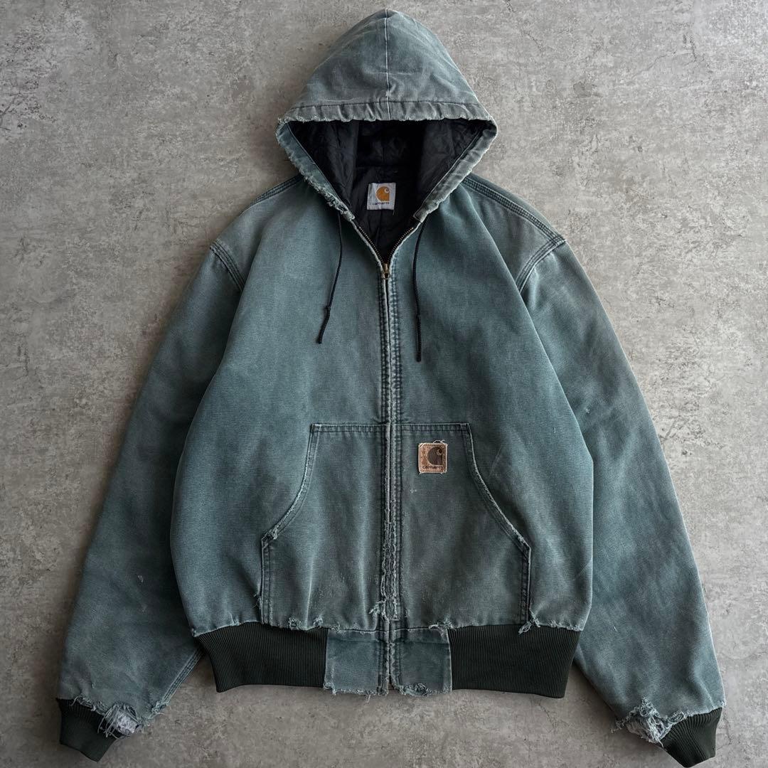 90's□USA製□carhartt アクティブジャケット フェード 襤褸 緑系