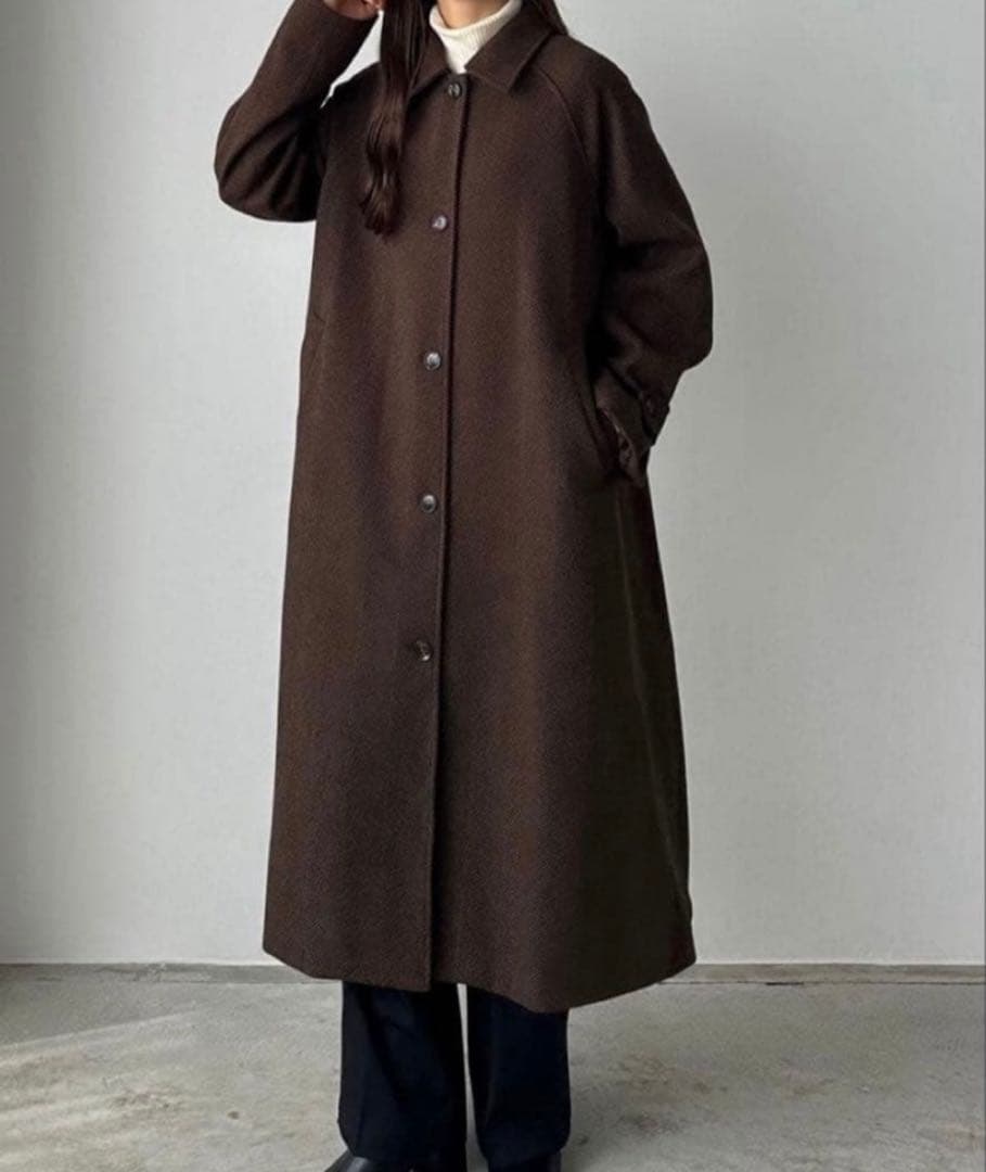 callautia ヘリンボーンステンカラーロングコート ブラウン M - メルカリ