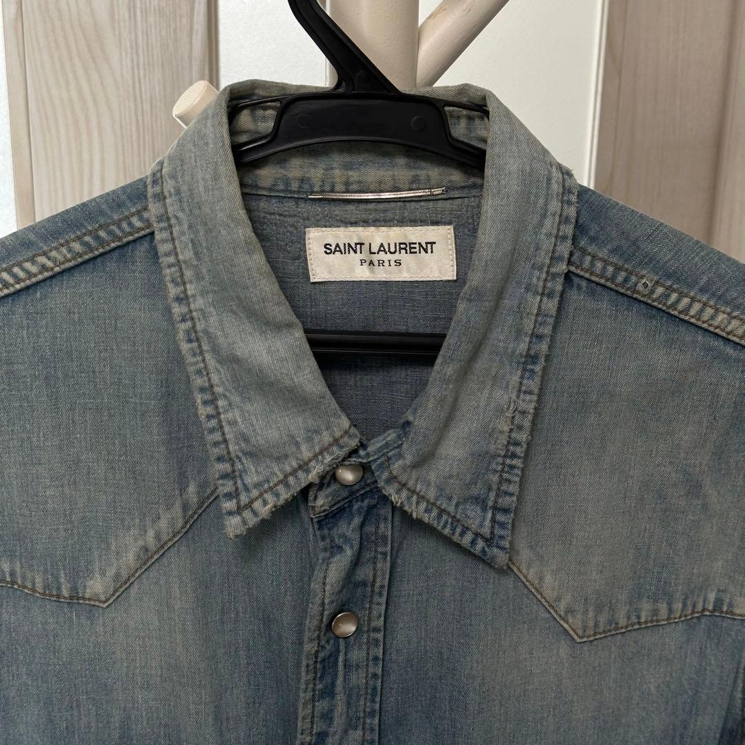 サンローラン エディ期 SAINT LAURENT クラッシュデニムシャツ 青