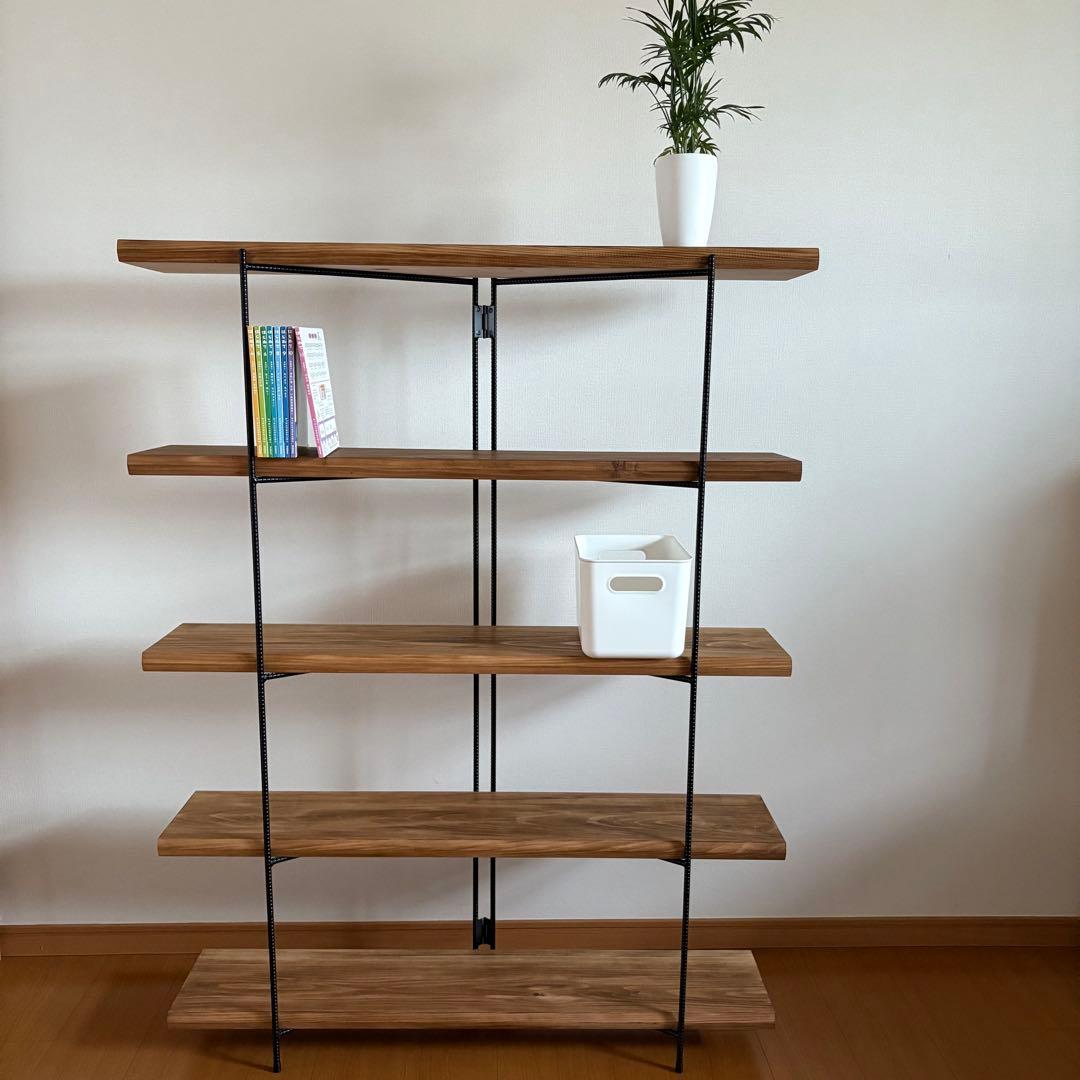 無垢板のオープンシェルフ 5段 折り畳みラック 什器 棚 アイアンラック