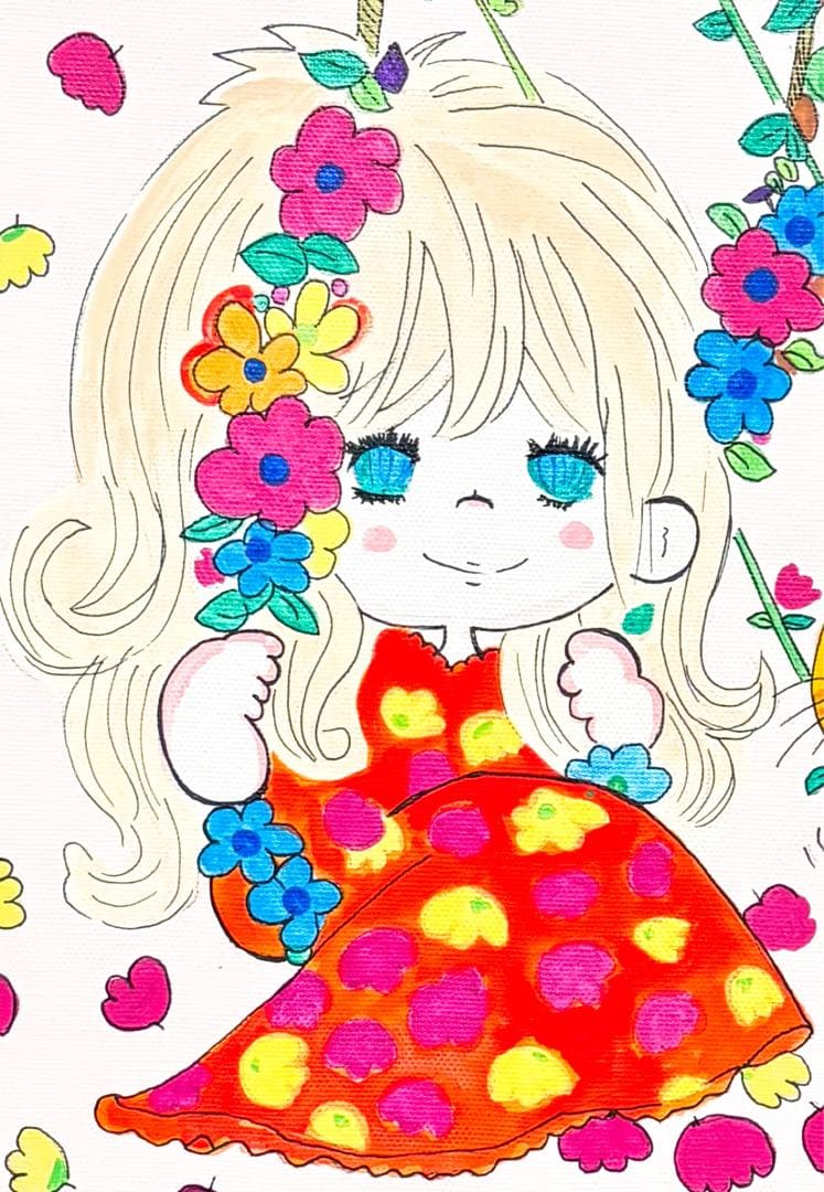 F4号】手描き油彩画 水森亜土 額縁 未使用額 サイン 絵画 女の子 猫