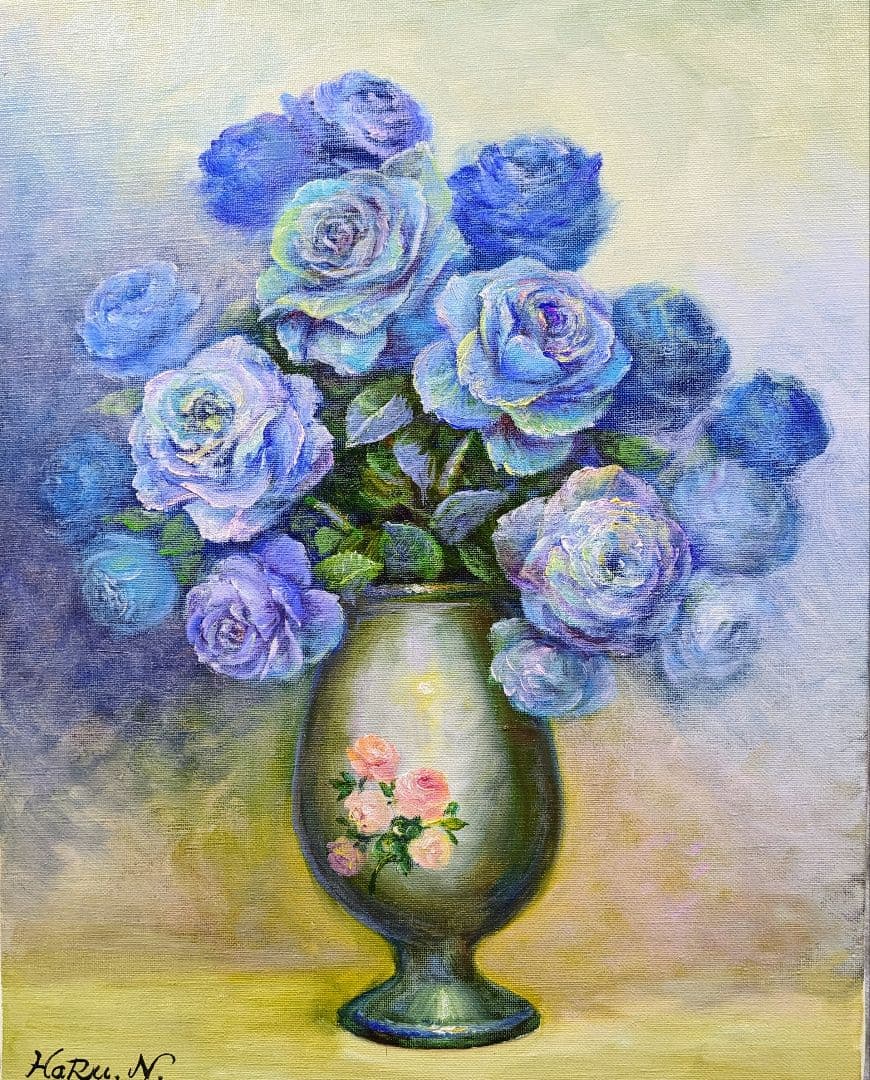 画家haru☆油彩画F6号☆☆薔薇★真作、原画、一点物。 画家haru☆F6号油彩画☆湖面に咲く薔薇No2.真作、原画、一点物。 画家