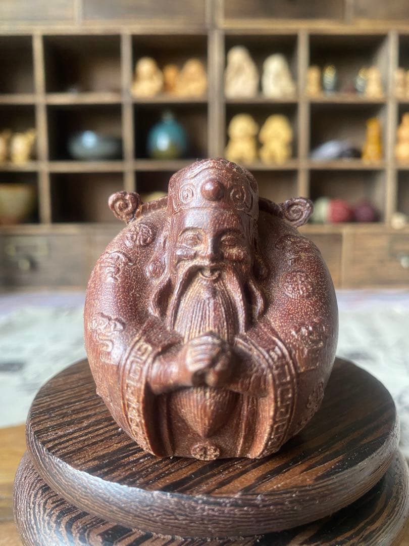 福禄寿木彫り置物 七福神 縁起物 紅木彫り 仏教美術 開運 オブジェ