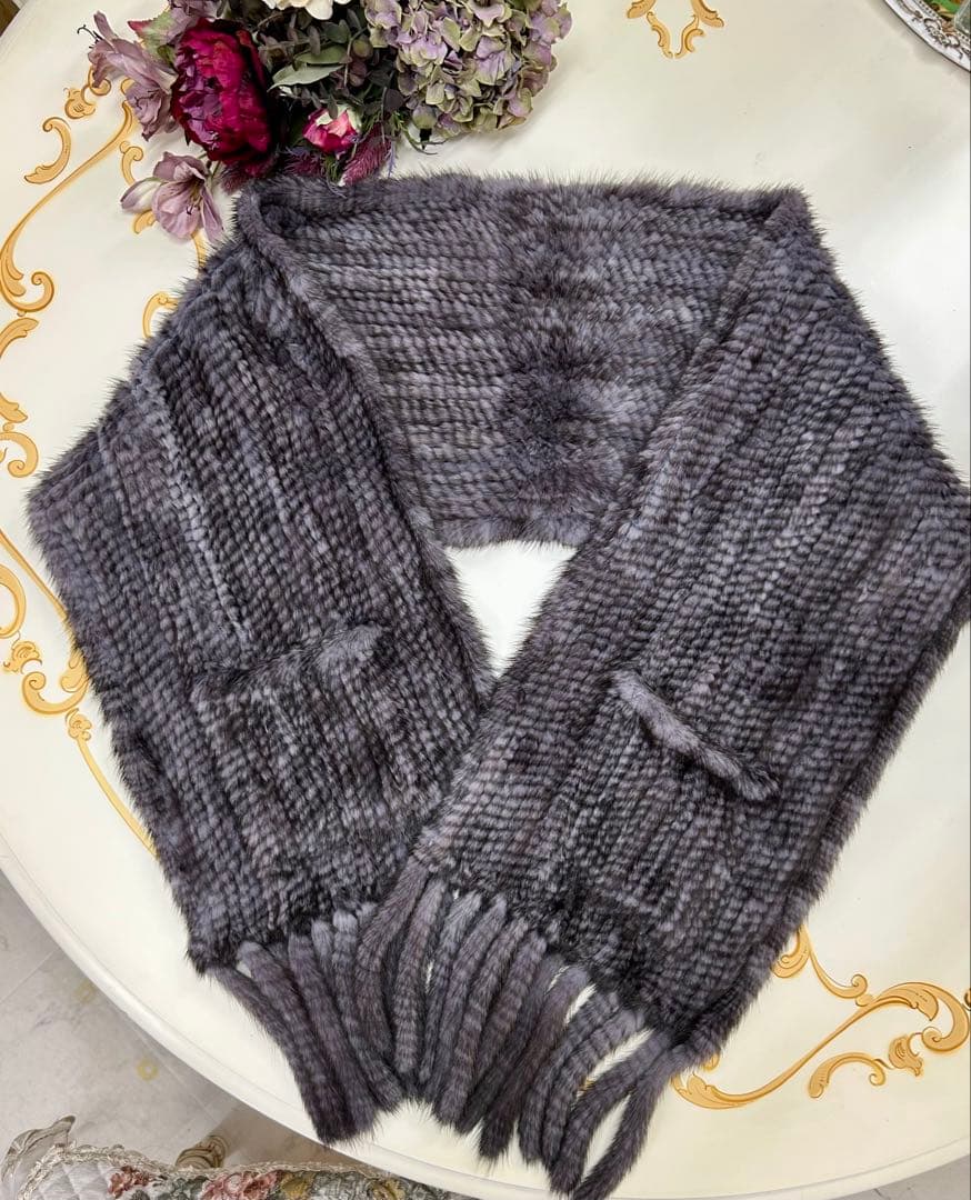 最高級ミンクストール大判編み込みグレー成人式ファーマショールシルバー系