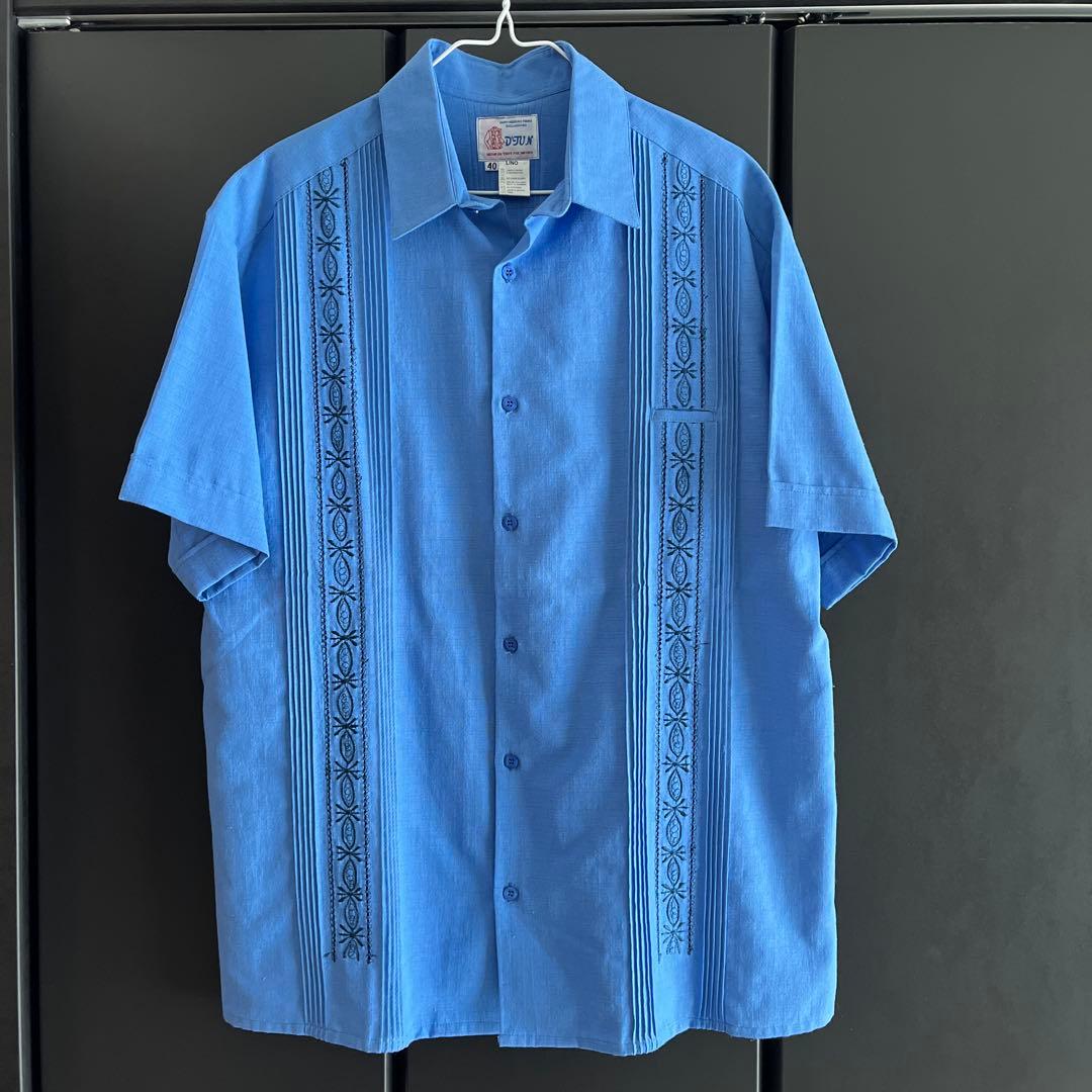 GUAYABERA shirt 40 ブルー　キューバシャツ　メキシコシャツ GUAYABERA キューバシャツ Zip付き SIZE XL位 | HOPE STORE