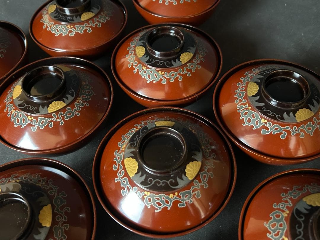 輪島塗 唐草蒔絵 栗色黒塗 天然木 吸物椀 10客 共箱 茶懐石道具 987