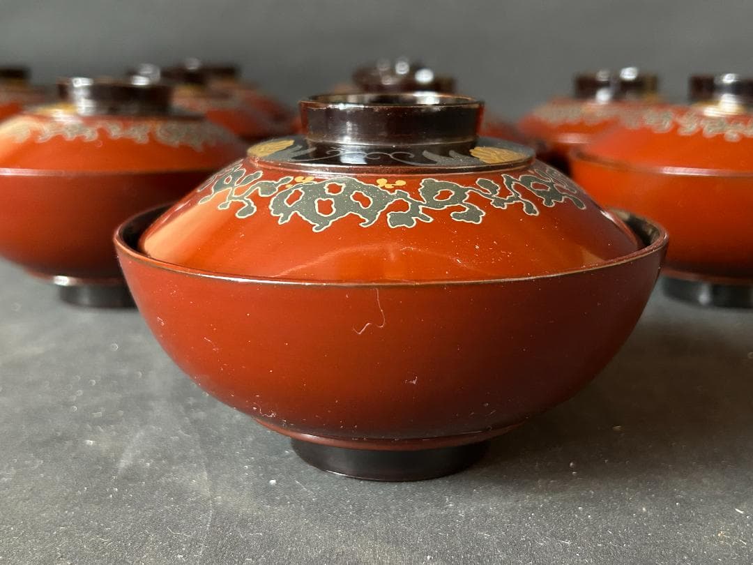 輪島塗 唐草蒔絵 栗色黒塗 天然木 吸物椀 10客 共箱 茶懐石道具 987