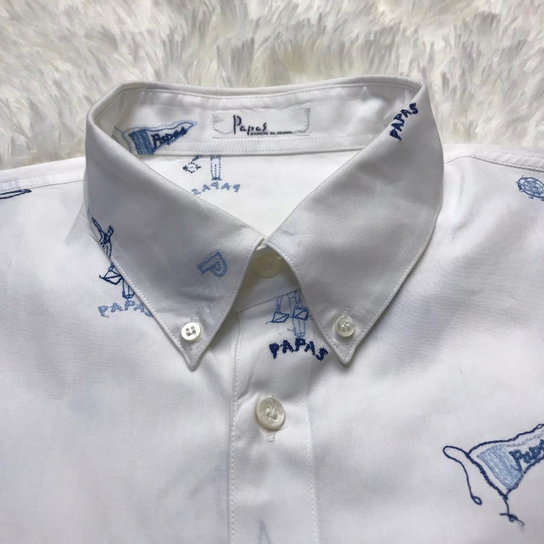 Papas ボタンダウンシャツ マリンモチーフ 刺繍 日本製 ホワイト M