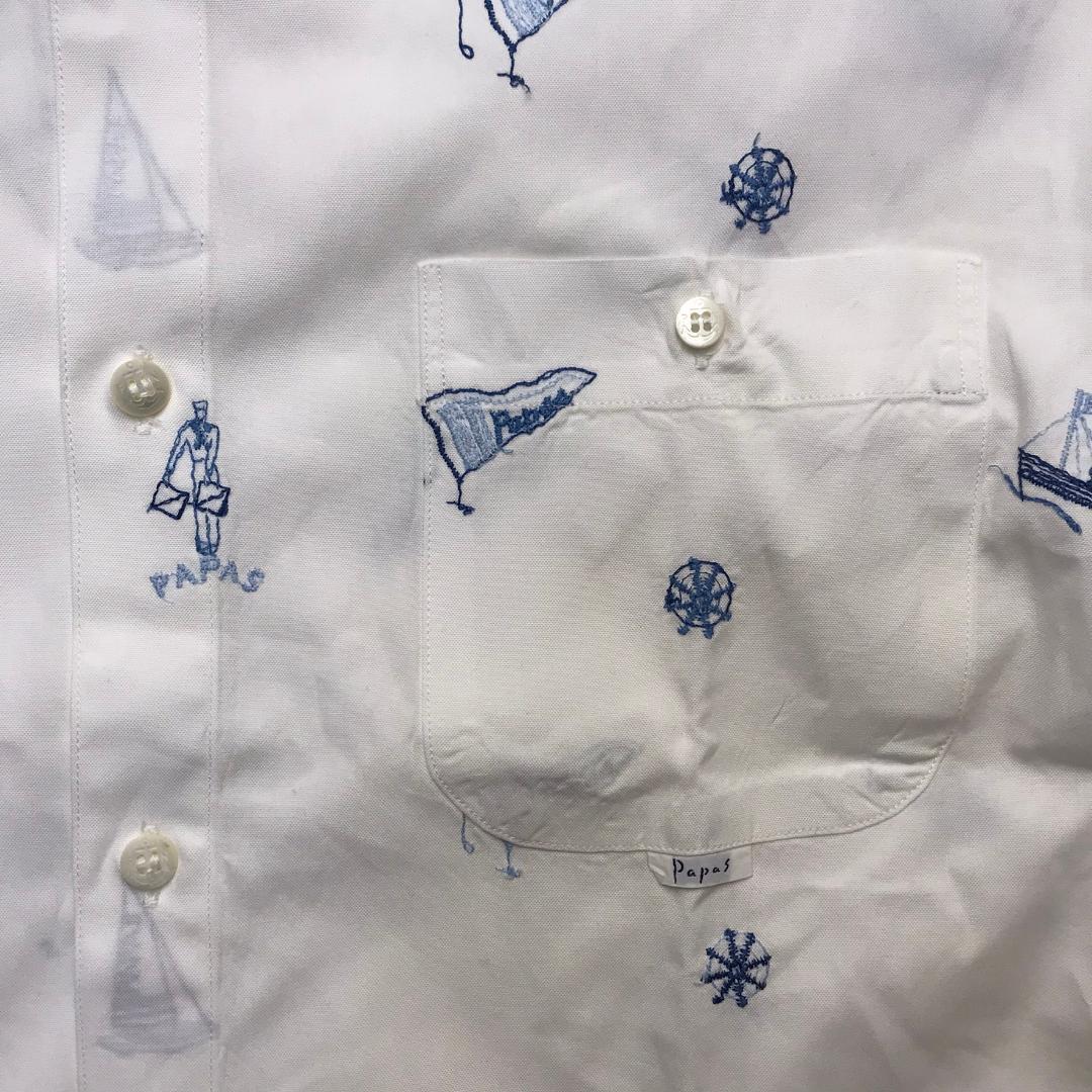 Papas ボタンダウンシャツ マリンモチーフ 刺繍 日本製 ホワイト M